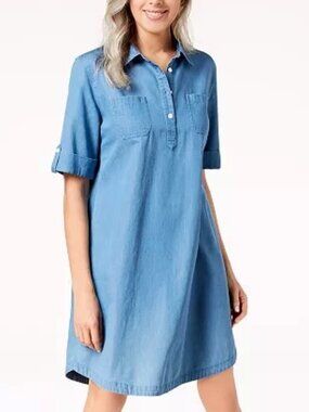 Karen Scott Dress XS Chambray Denim Shirt Dress Casual Short Sleeve